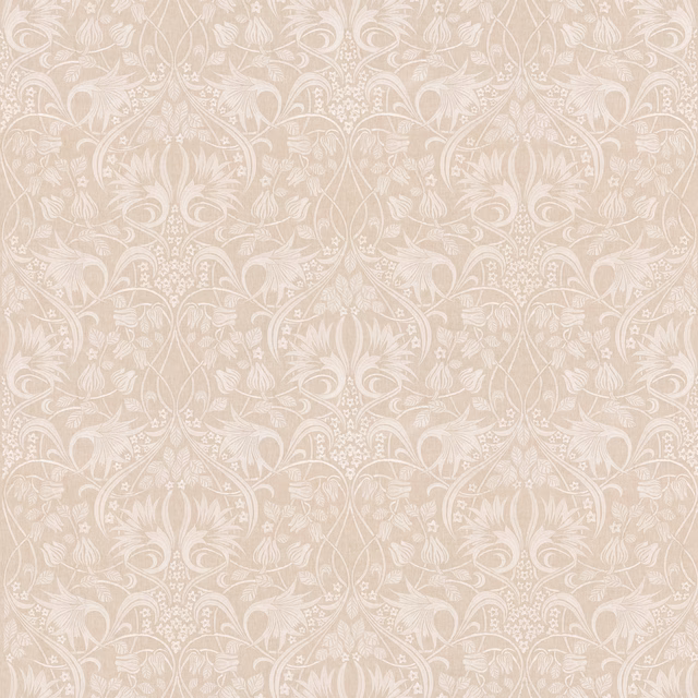 Pale natural beige embroidered fabric with scrolling botanical flowers and leaf motifs