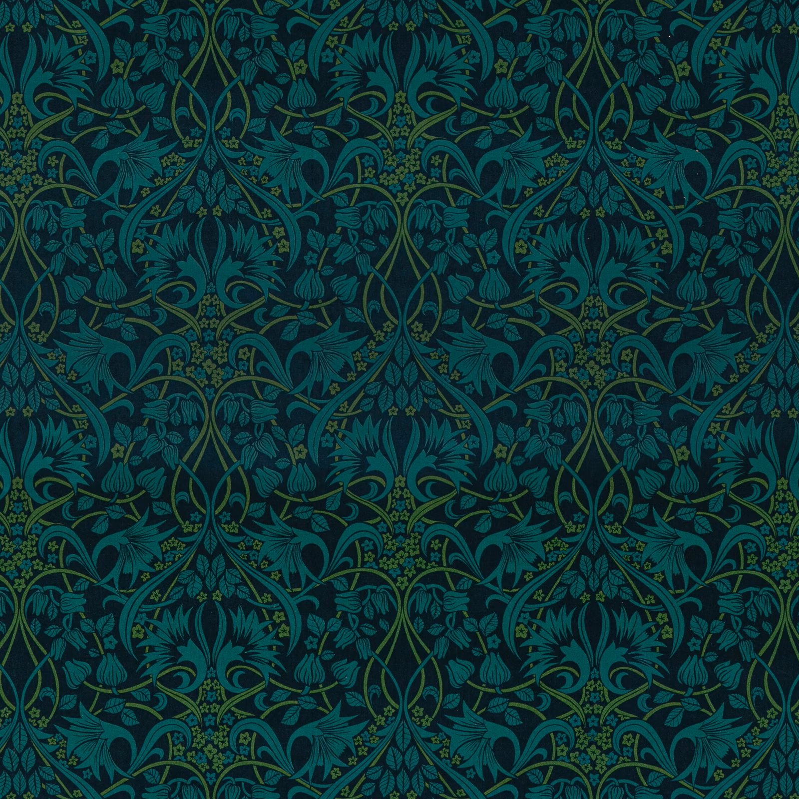 Deep indigo-teal velvet with symmetrical scrolling foliage and olive botanical tracery
