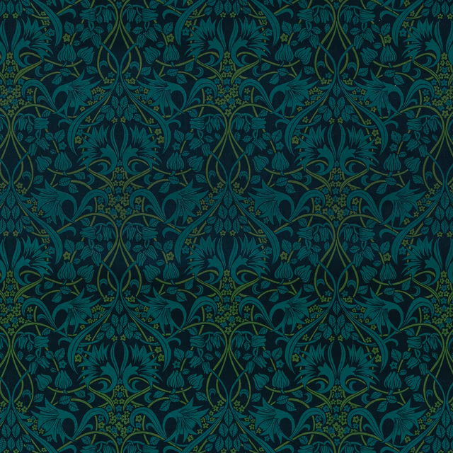Deep indigo-teal velvet with symmetrical scrolling foliage and olive botanical tracery