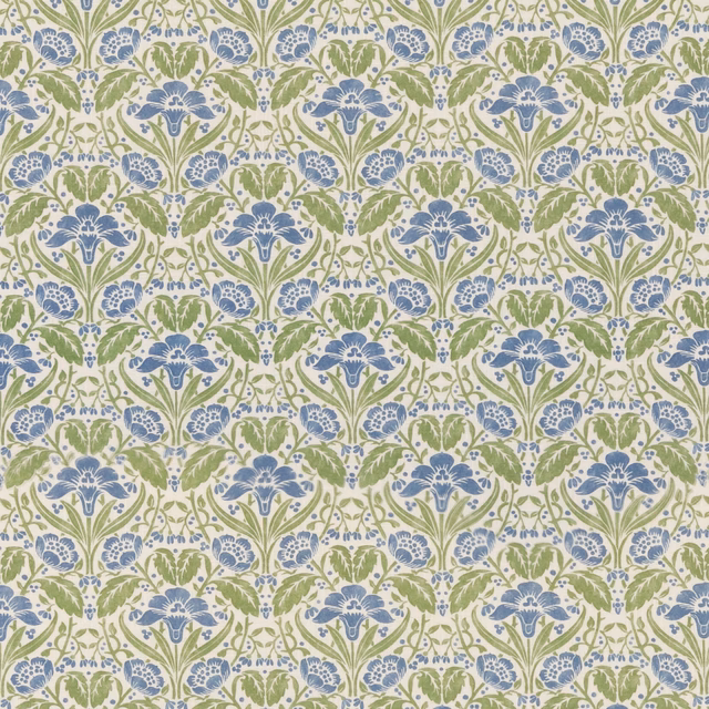 Blue and green stylised flowers and foliage repeating across an ivory fabric ground