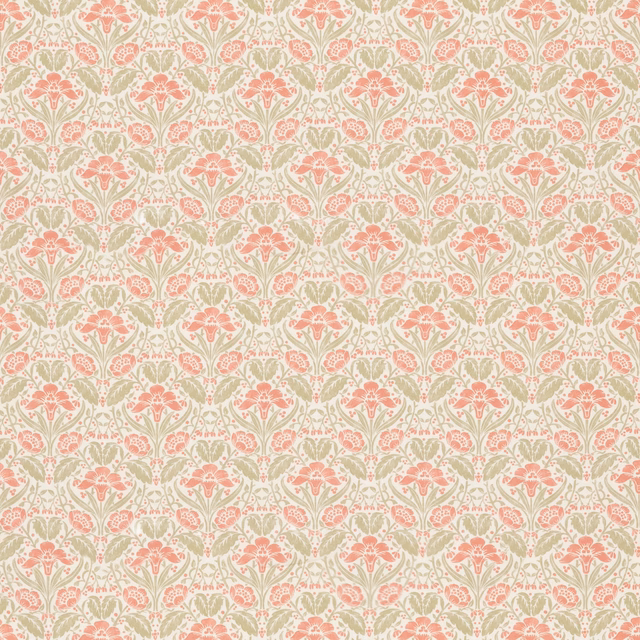 Soft pink and sage green symmetrical floral motifs on a warm cream ground