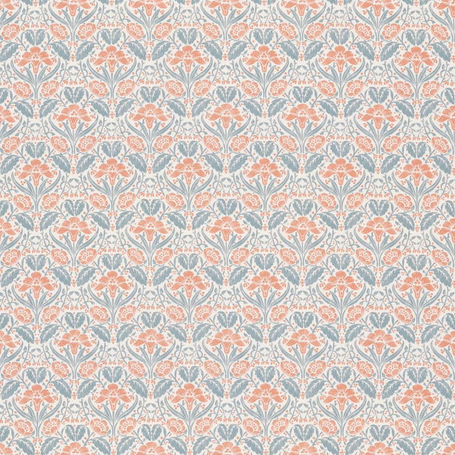 Muted teal and coral floral motifs on a pale cotton ground