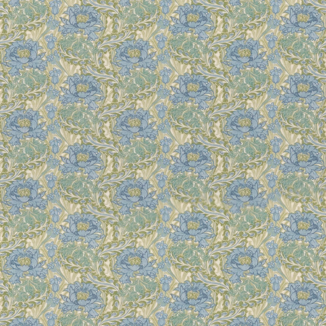 Muted blue flowers and curling green foliage on a softly textured ground