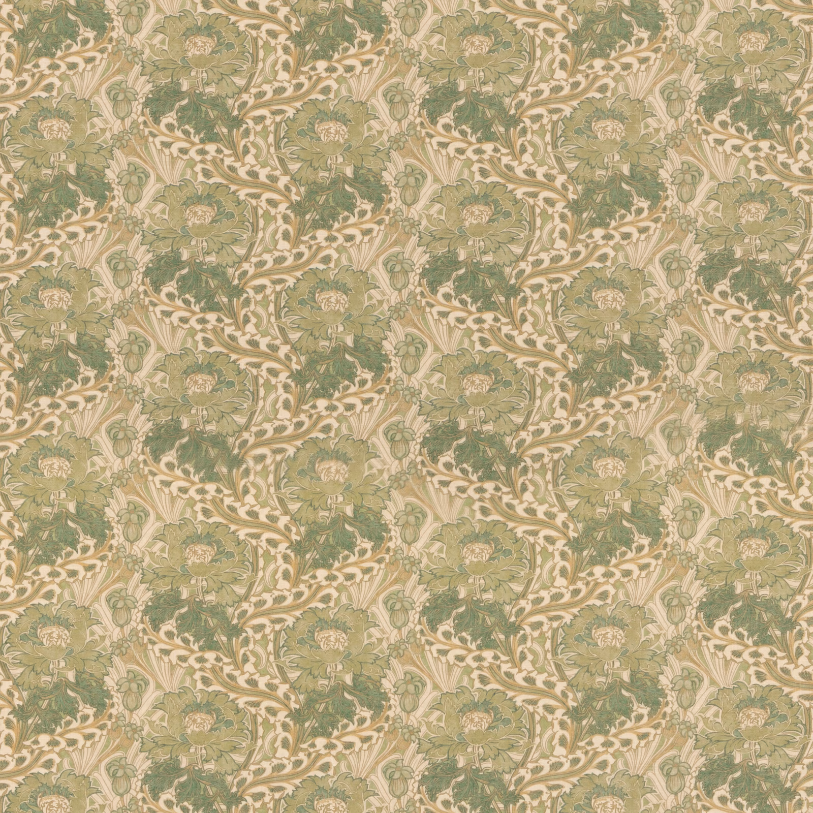 Muted sage green floral scrolls with cream trails and softly textured detail