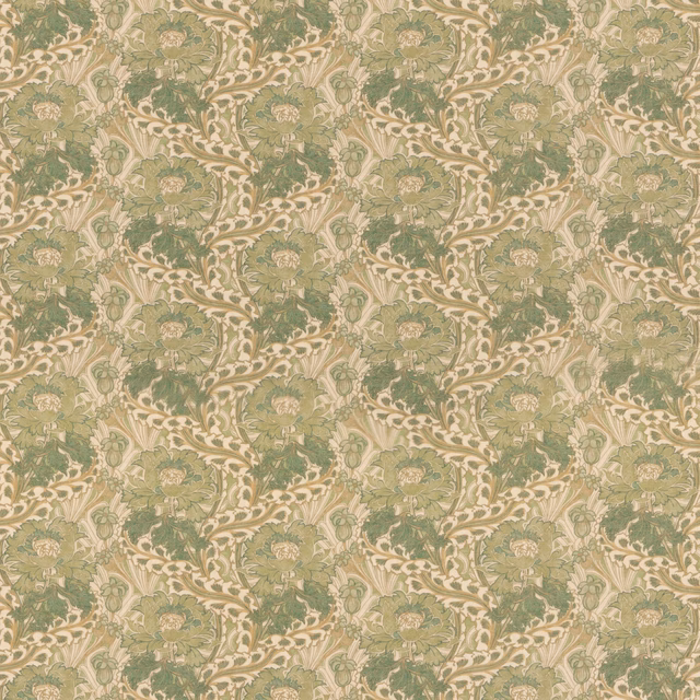 Muted sage green floral scrolls with cream trails and softly textured detail