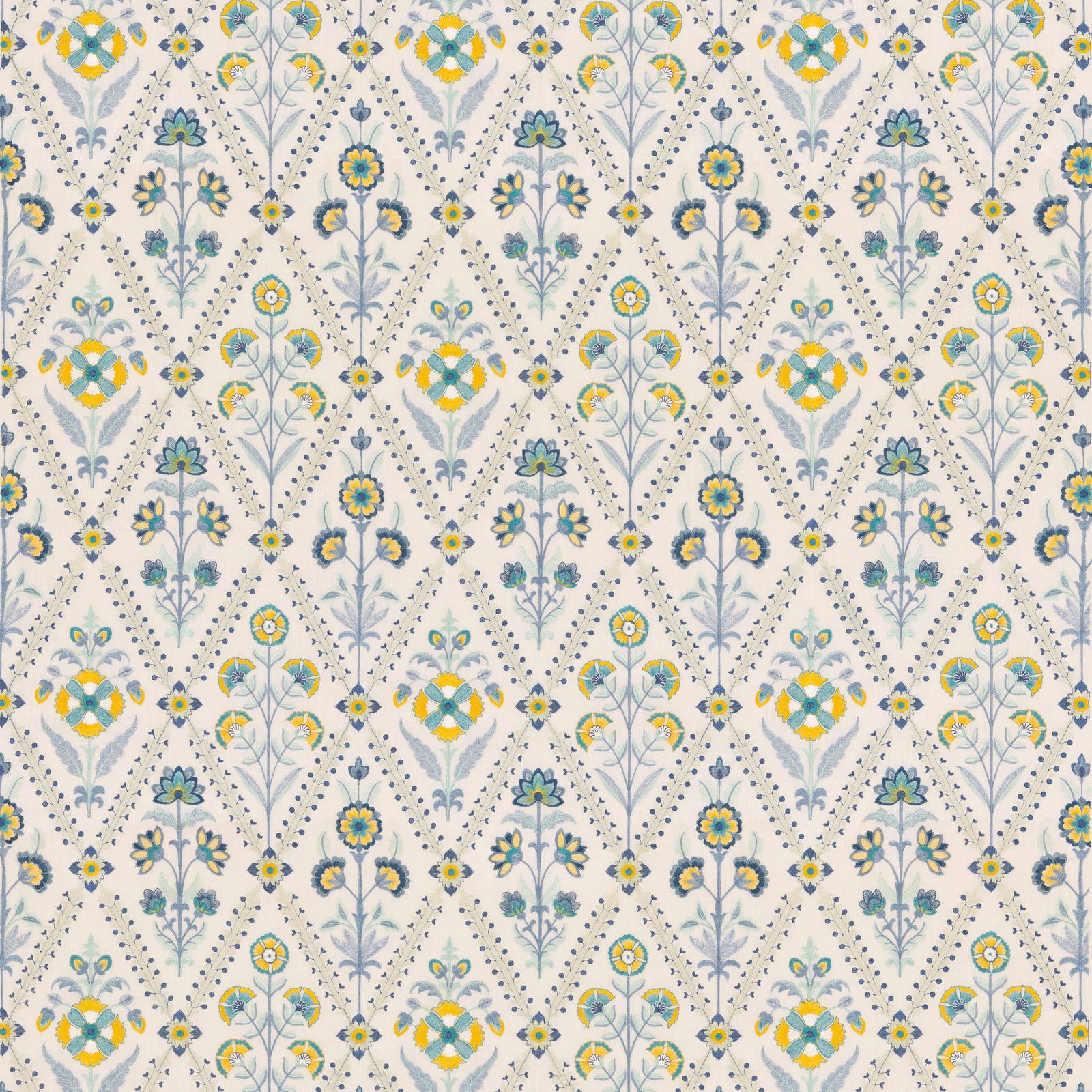Cream botanical fabric with blue, turquoise, yellow and green floral motifs