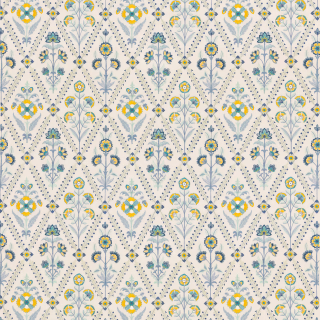 Cream botanical fabric with blue, turquoise, yellow and green floral motifs