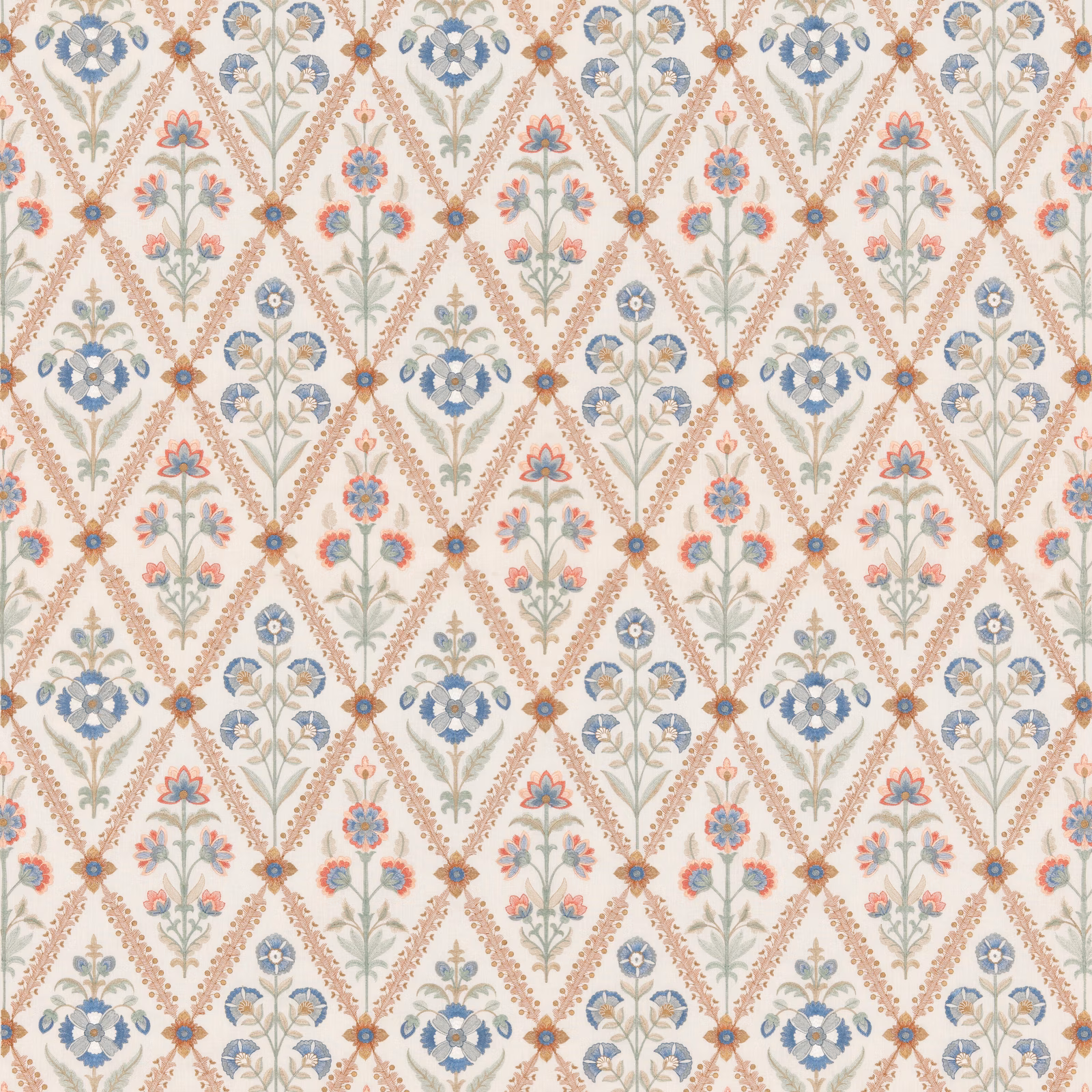 Coral, blue and sage floral trellis on a warm ivory fabric ground
