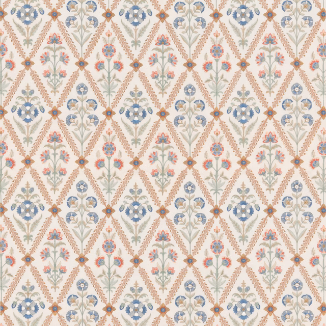 Coral, blue and sage floral trellis on a warm ivory fabric ground