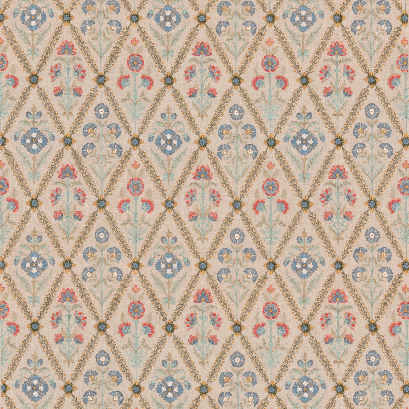 Ivory fabric with muted red flowers, green foliage and blue-grey diamond lattice