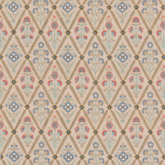 Ivory fabric with muted red flowers, green foliage and blue-grey diamond lattice