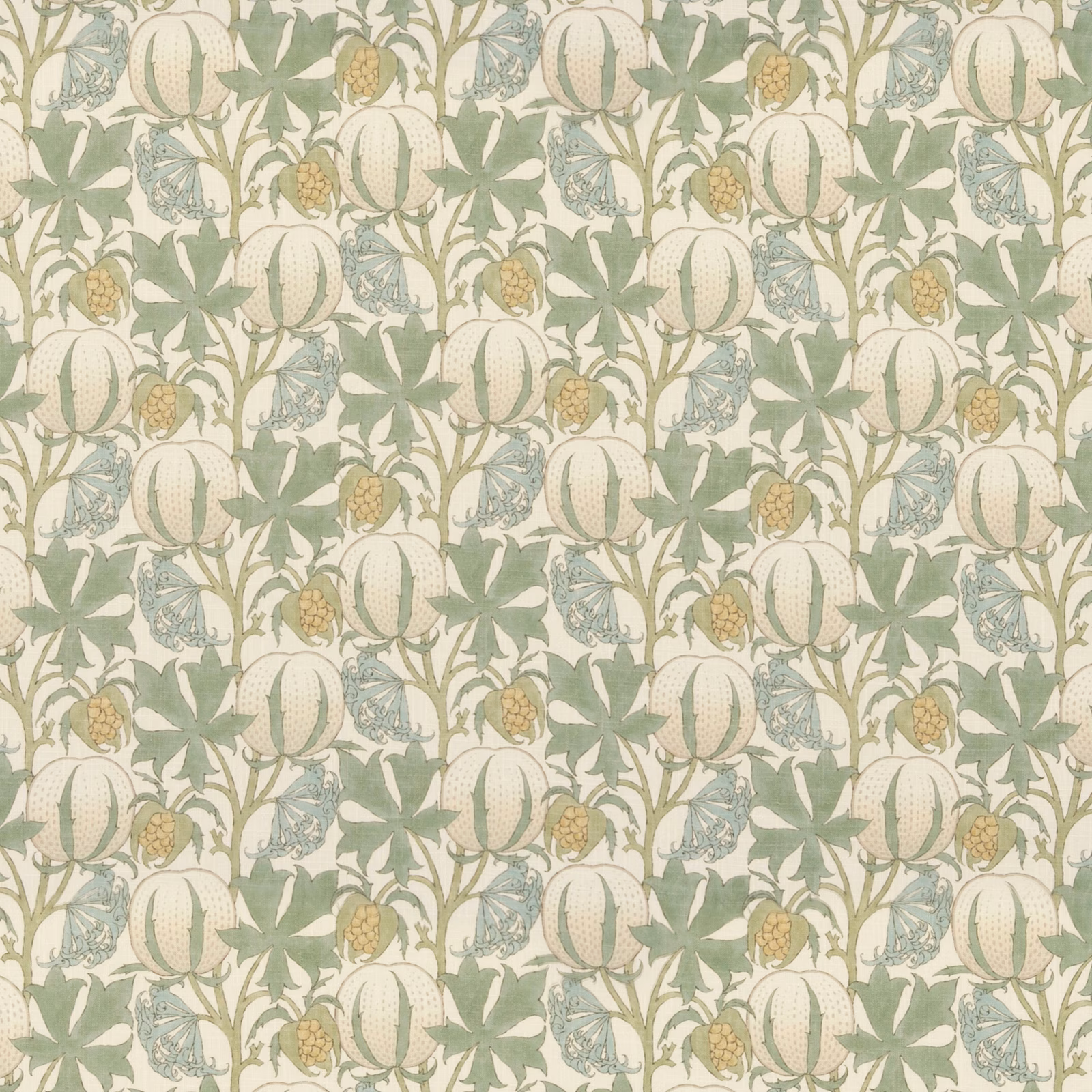 Ivory botanical fabric with sage pumpkins, pale aqua flowers and ochre pineapple motifs