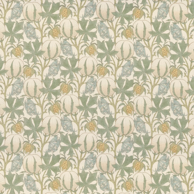 Ivory botanical fabric with sage pumpkins, pale aqua flowers and ochre pineapple motifs