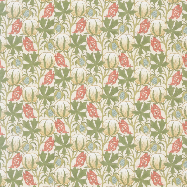 Cream cotton with coral blooms, sage leaves and rounded pumpkin motifs