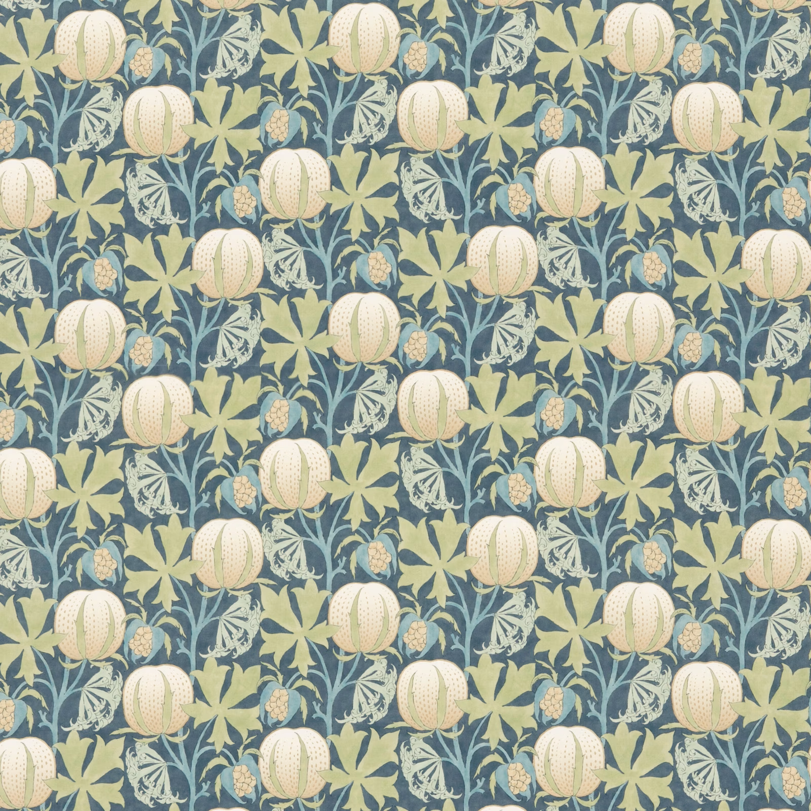Cream pumpkins and pale green leaves over a muted blue-green cotton ground