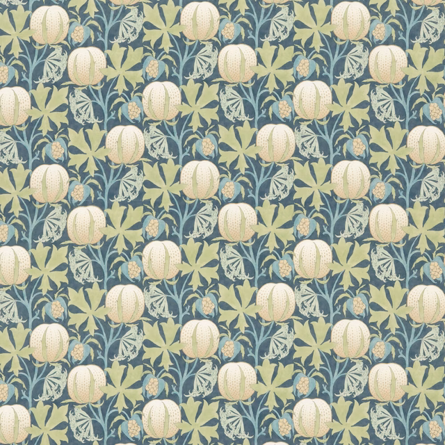 Cream pumpkins and pale green leaves over a muted blue-green cotton ground