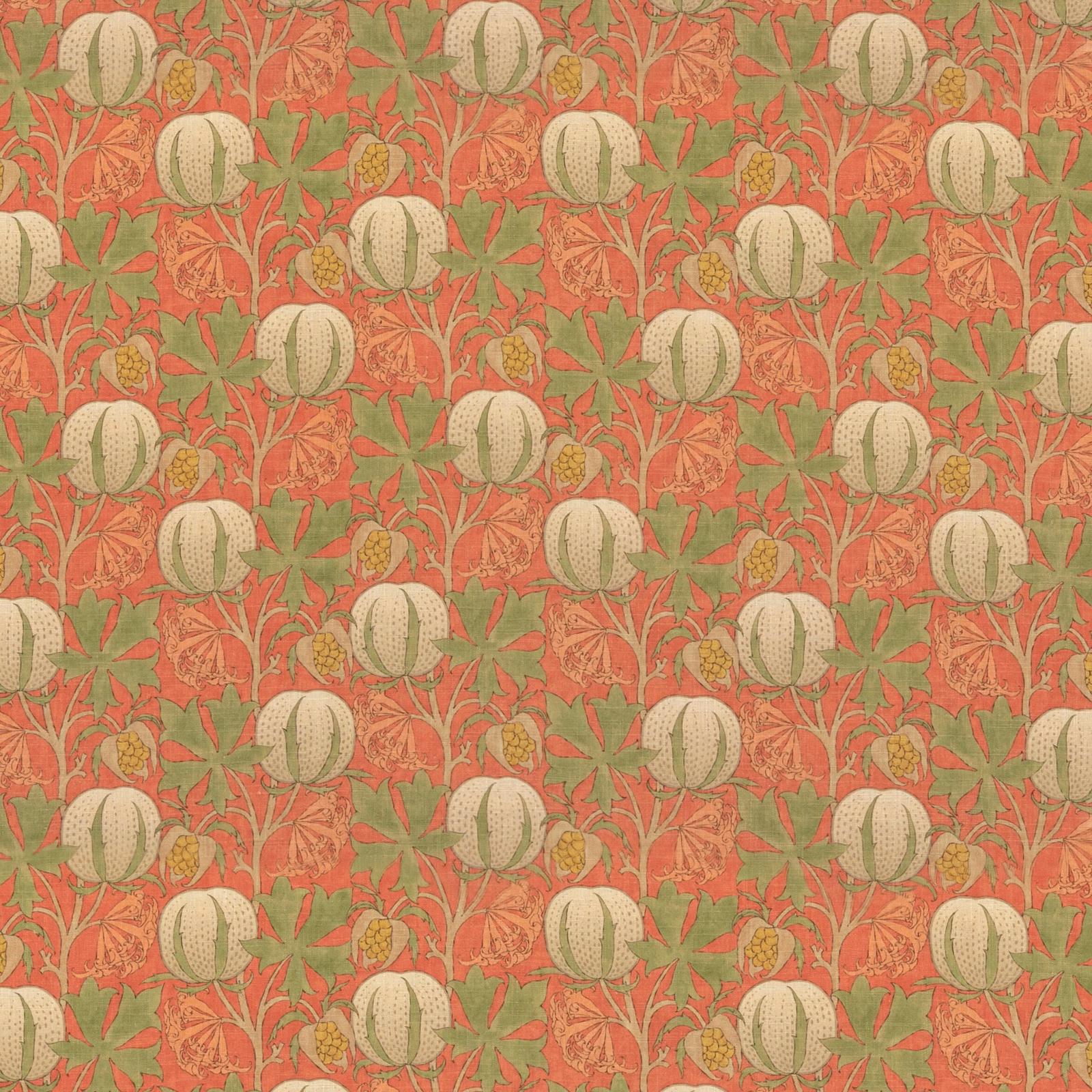 Coral-red pumpkin and pineapple botanical fabric with sage leaves and cream fruit