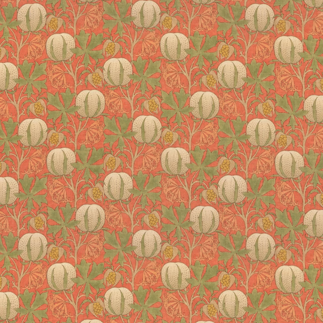 Coral-red pumpkin and pineapple botanical fabric with sage leaves and cream fruit