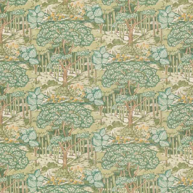 Muted sage woodland fabric with rounded trees, cream ground and ochre flowers
