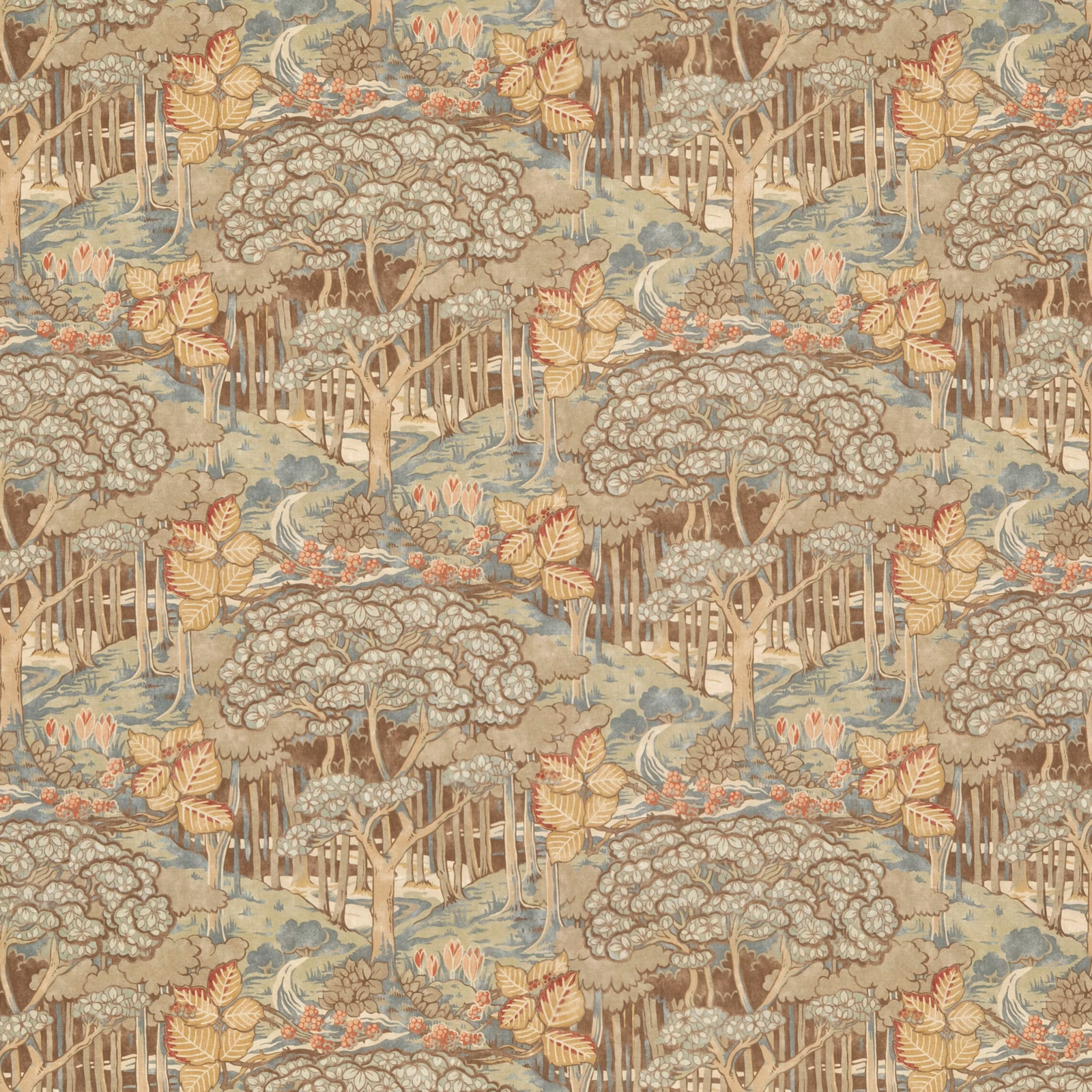 Muted teal cotton scenic repeat with pale trees, woodland fences, foliage and coral accents