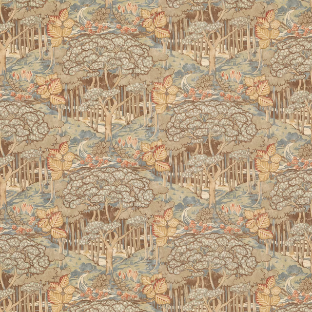 Muted teal cotton scenic repeat with pale trees, woodland fences, foliage and coral accents