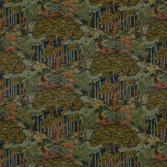 Emerald velvet woodland scene with olive trees, rust trunks and coral flowers