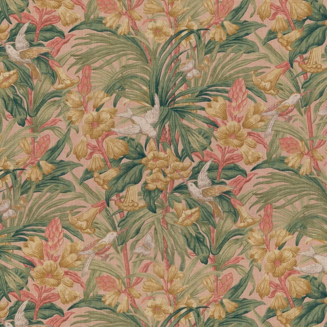 Blush botanical fabric with sage foliage, pink flowers, ochre blooms and ivory birds