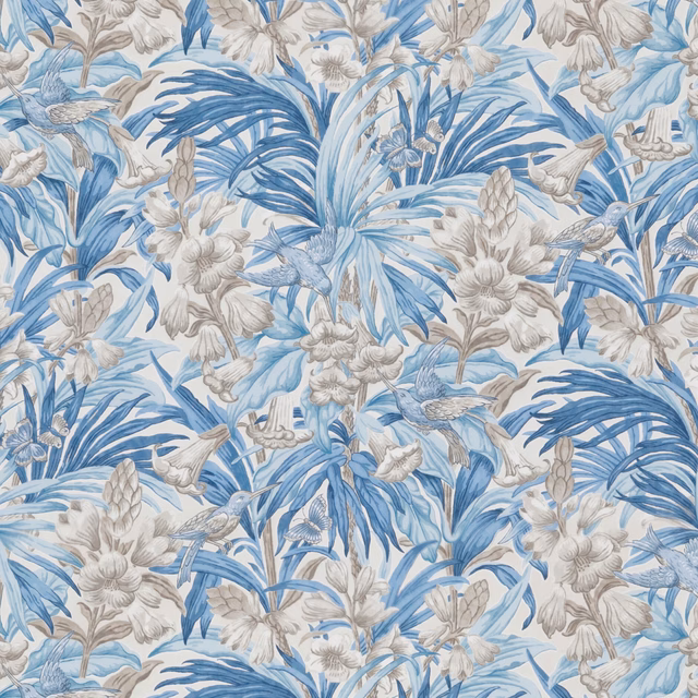 Soft blue cotton print with grey flowers, feathery leaves and small perched birds