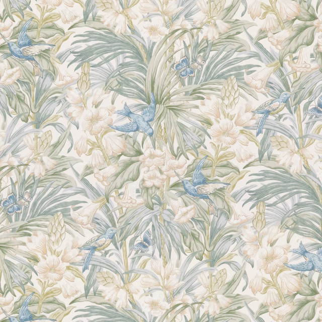 Pale blue birds and sage leaves among ivory and blush botanical flowers