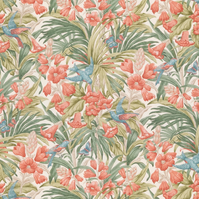 Ivory cotton print with coral trumpet flowers, green leaves and blue birds