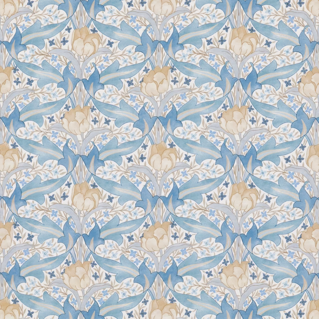 Soft blue leafy tulips and jasmine flowers on a cream cotton ground