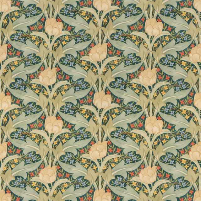 Emerald cotton with cream tulips, sage leaves and red, blue and yellow flowers