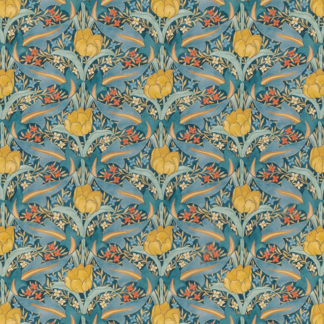 Muted teal cotton with mustard tulips, coral flowers and pale scrolling foliage