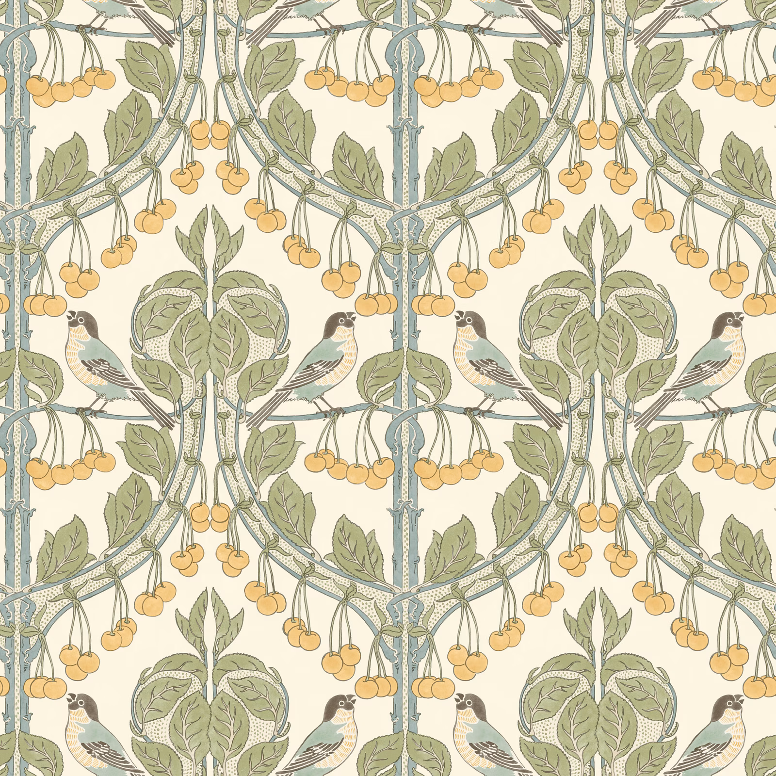 Cream wallpaper with aqua branches, sage leaves, ochre cherries and perched birds