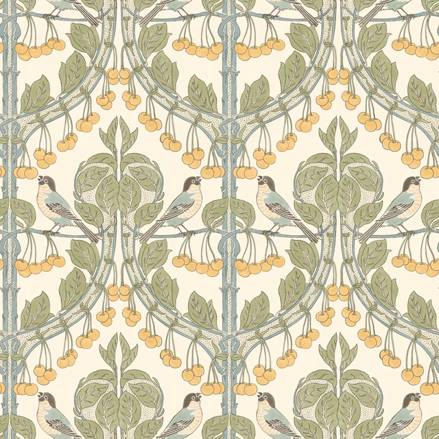 Cream wallpaper with aqua branches, sage leaves, ochre cherries and perched birds