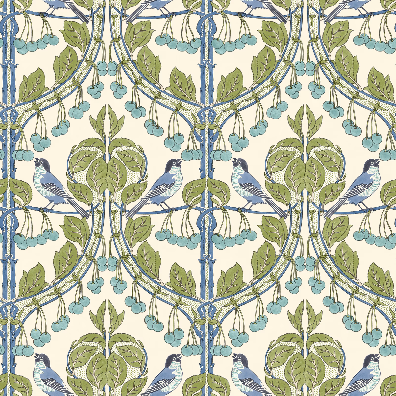 Cream wallpaper with sage leaves, blue birds and pale aqua cherries