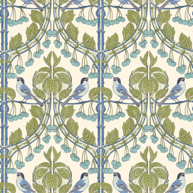 Cream wallpaper with sage leaves, blue birds and pale aqua cherries