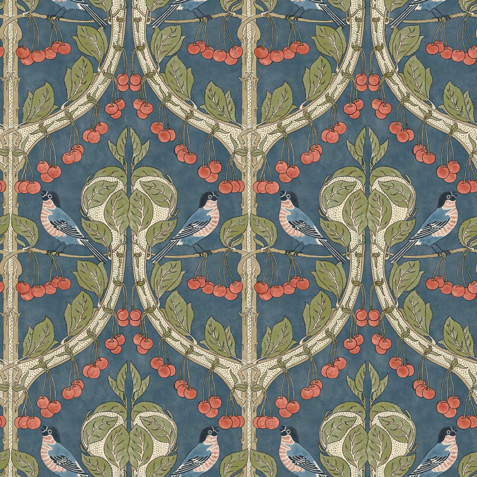 Indigo wallpaper with curling branches, red cherries, leafy motifs and perched birds