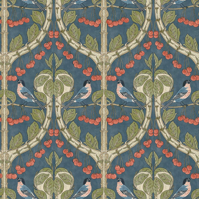 Indigo wallpaper with curling branches, red cherries, leafy motifs and perched birds