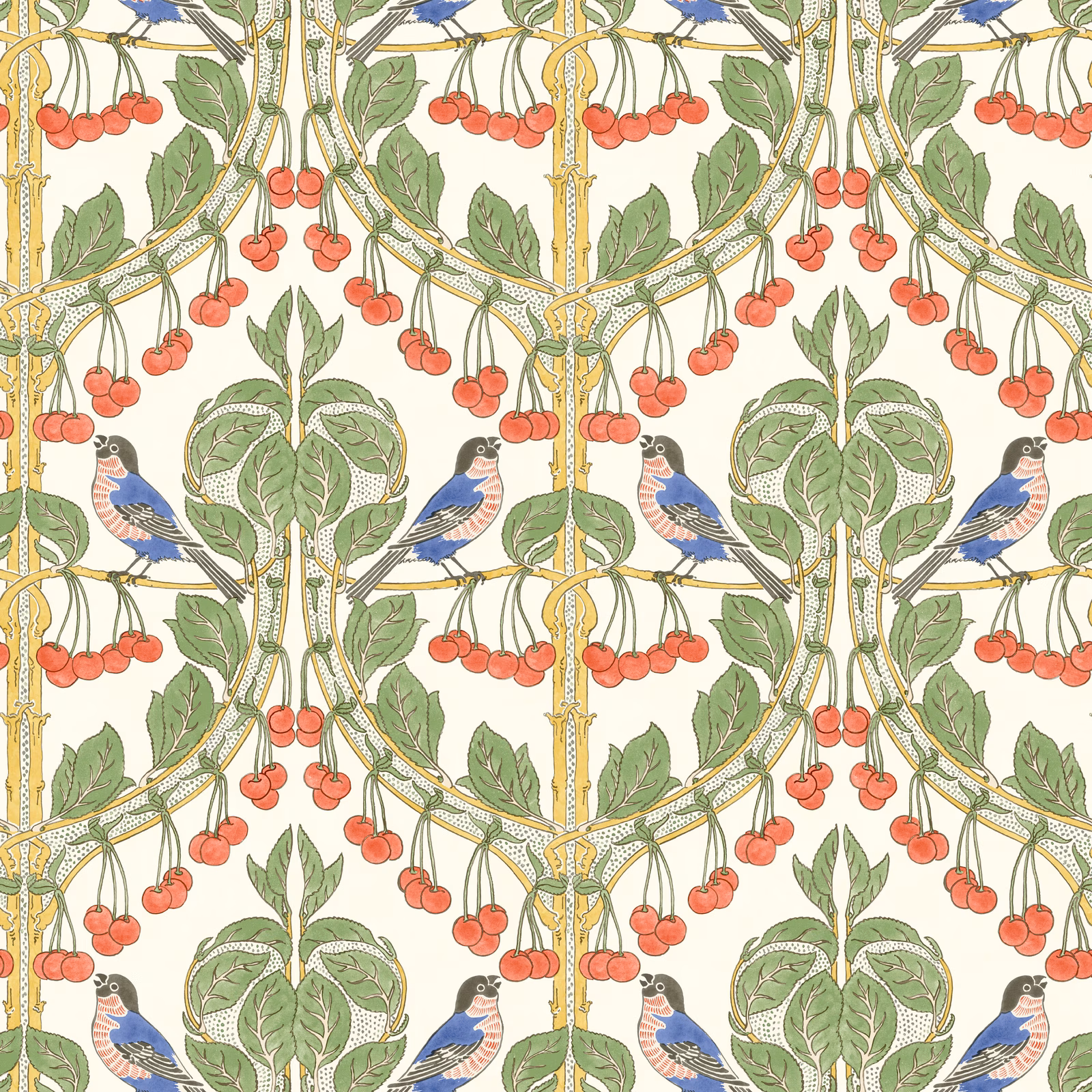 Cream wallpaper with red cherries, leafy green vines, blue birds and golden framework