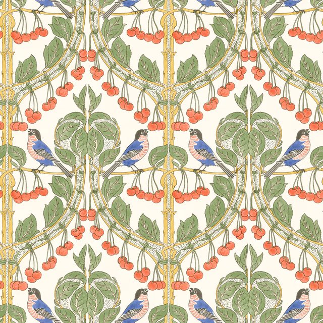 Cream wallpaper with red cherries, leafy green vines, blue birds and golden framework