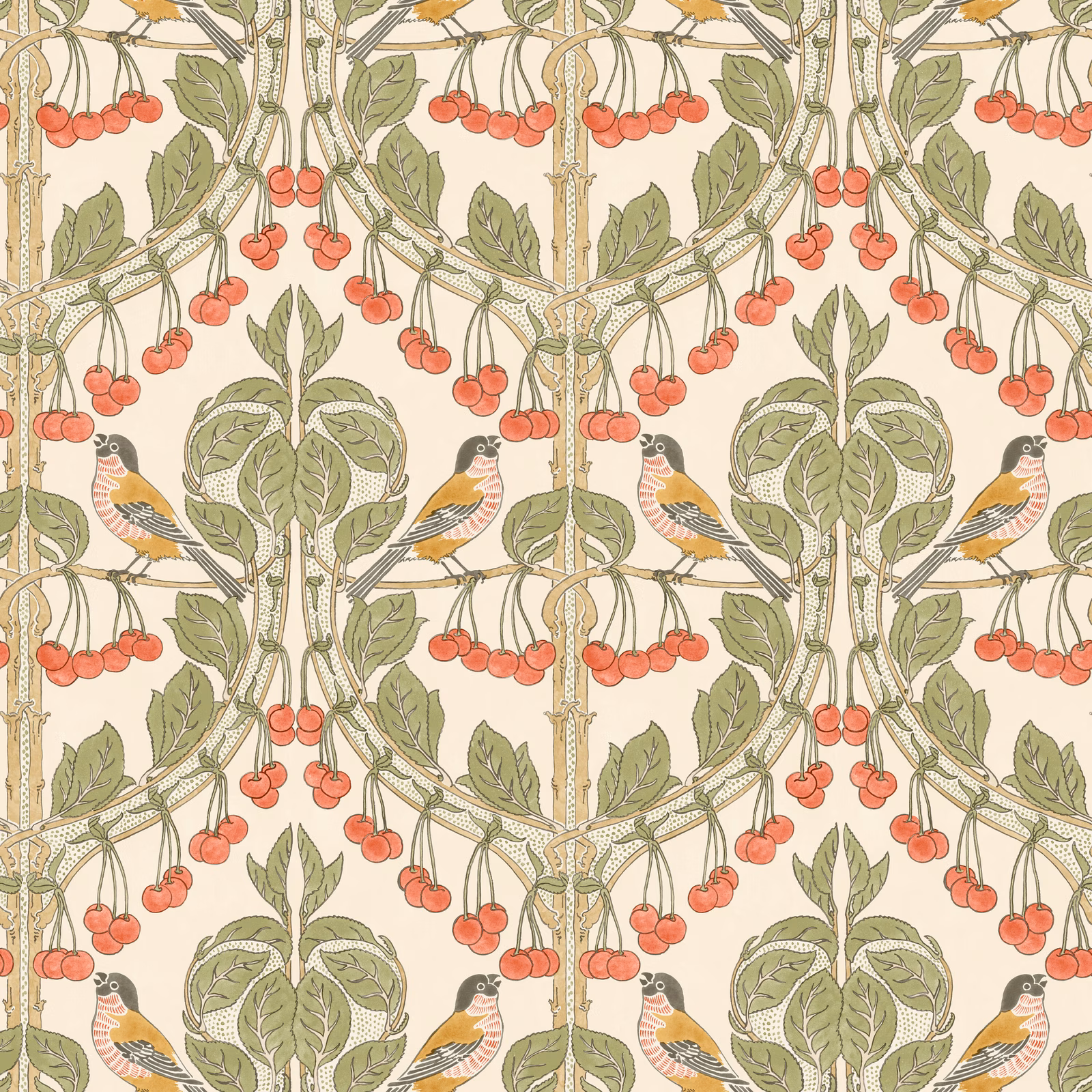 Cream wallpaper with olive branches, red cherries and paired songbirds