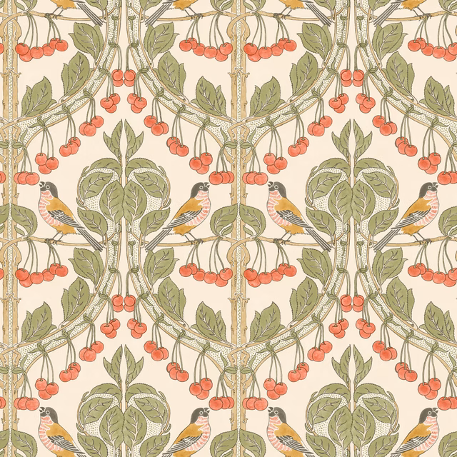 Cream wallpaper with olive branches, red cherries and paired songbirds