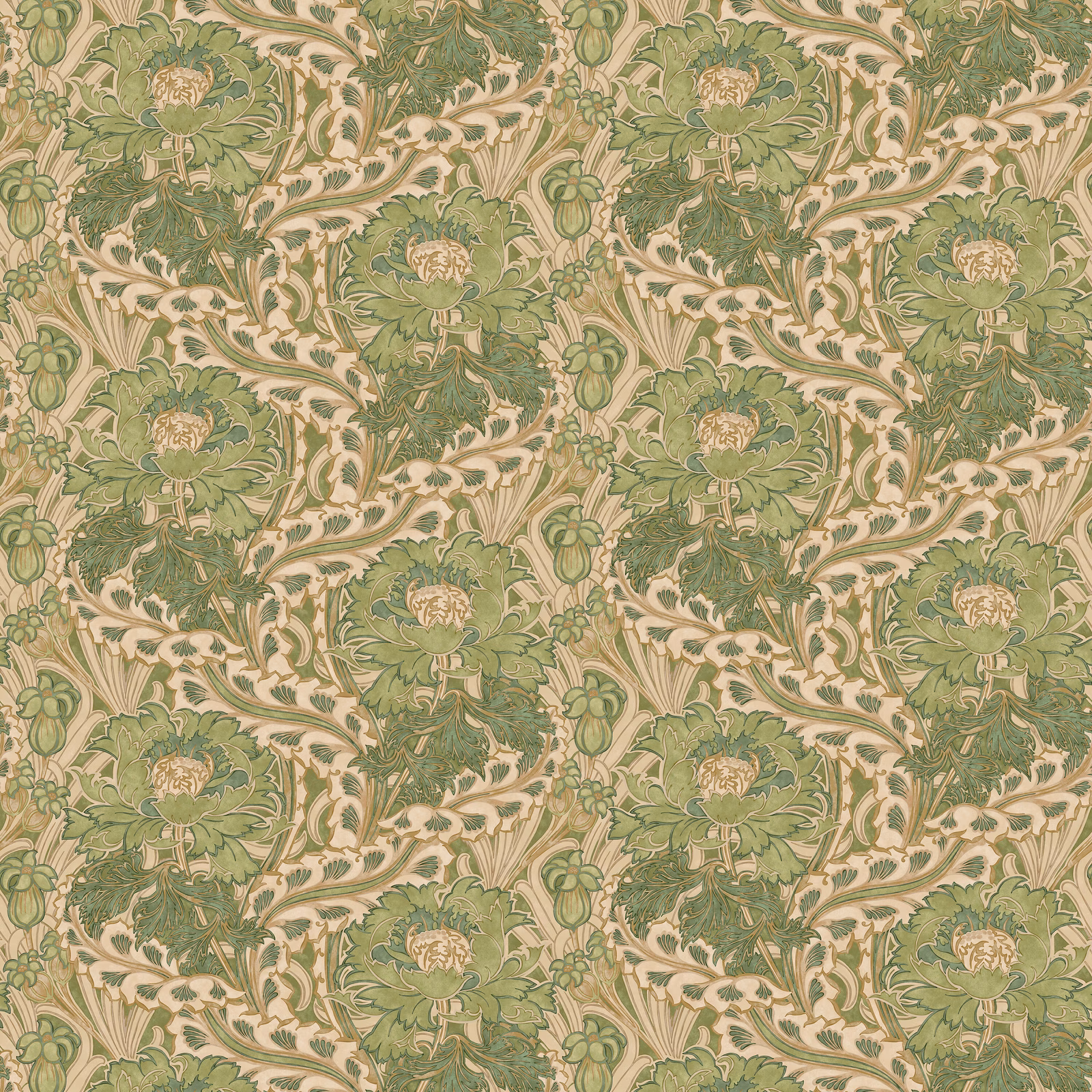 Muted sage and olive floral vines on a warm parchment ground