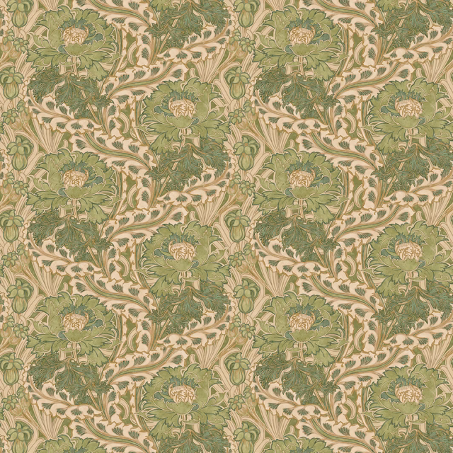 Muted sage and olive floral vines on a warm parchment ground