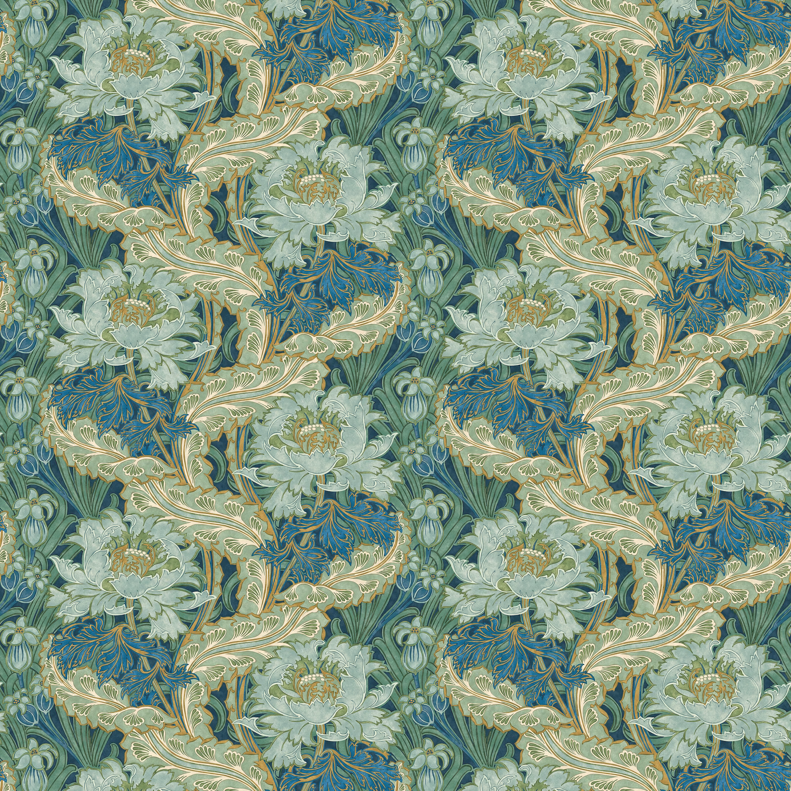 Indigo-teal wallpaper with pale sage blooms, ivory foliage and curling botanical repeat