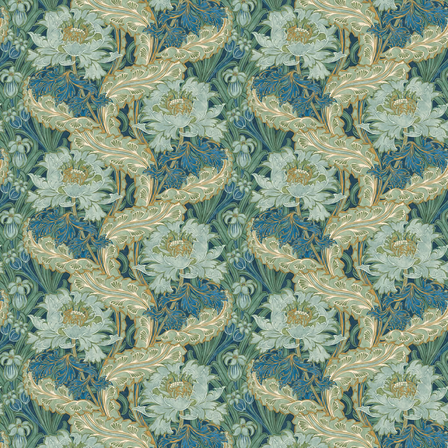 Indigo-teal wallpaper with pale sage blooms, ivory foliage and curling botanical repeat