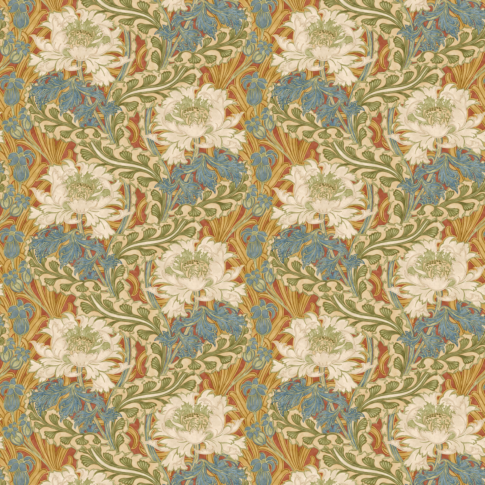 Red and green wallpaper with ivory flowers, blue blooms and scrolling foliage