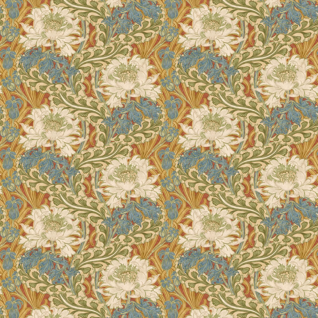 Red and green wallpaper with ivory flowers, blue blooms and scrolling foliage