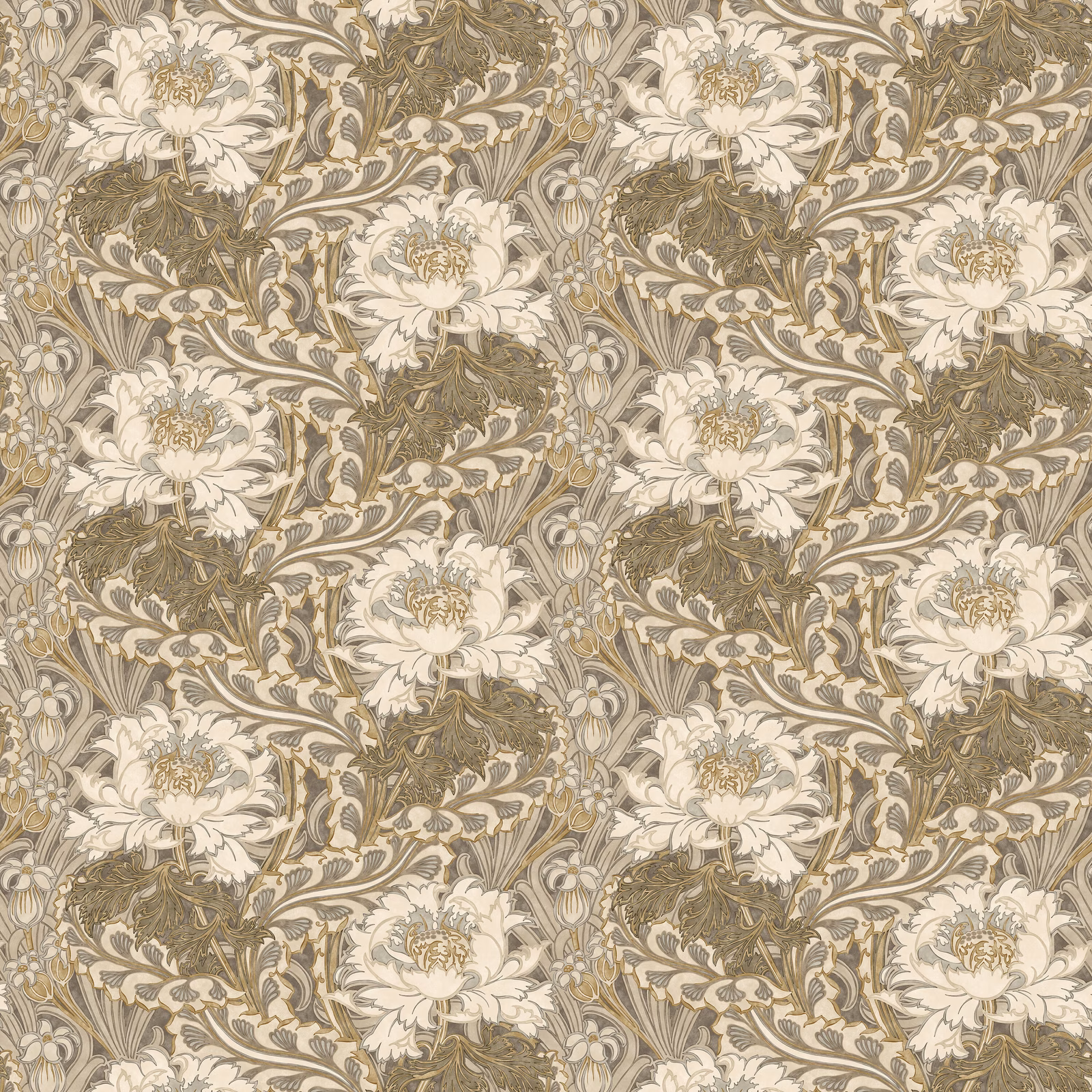 Ivory flowers and scrolling foliage on a muted olive-taupe wallpaper ground